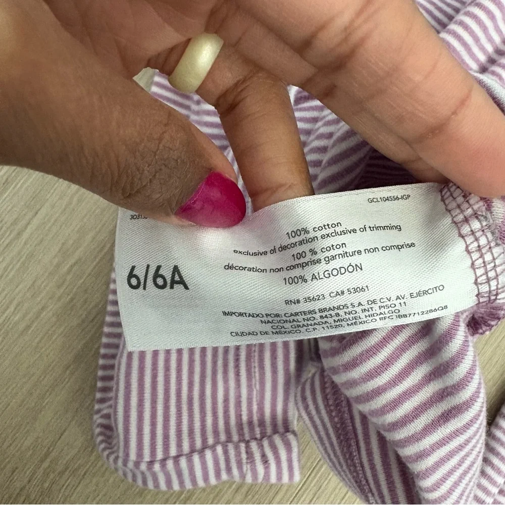 Carter Kids Girls Pajamas Set 6 Years Lavender White Striped 100% Cotton Comfy